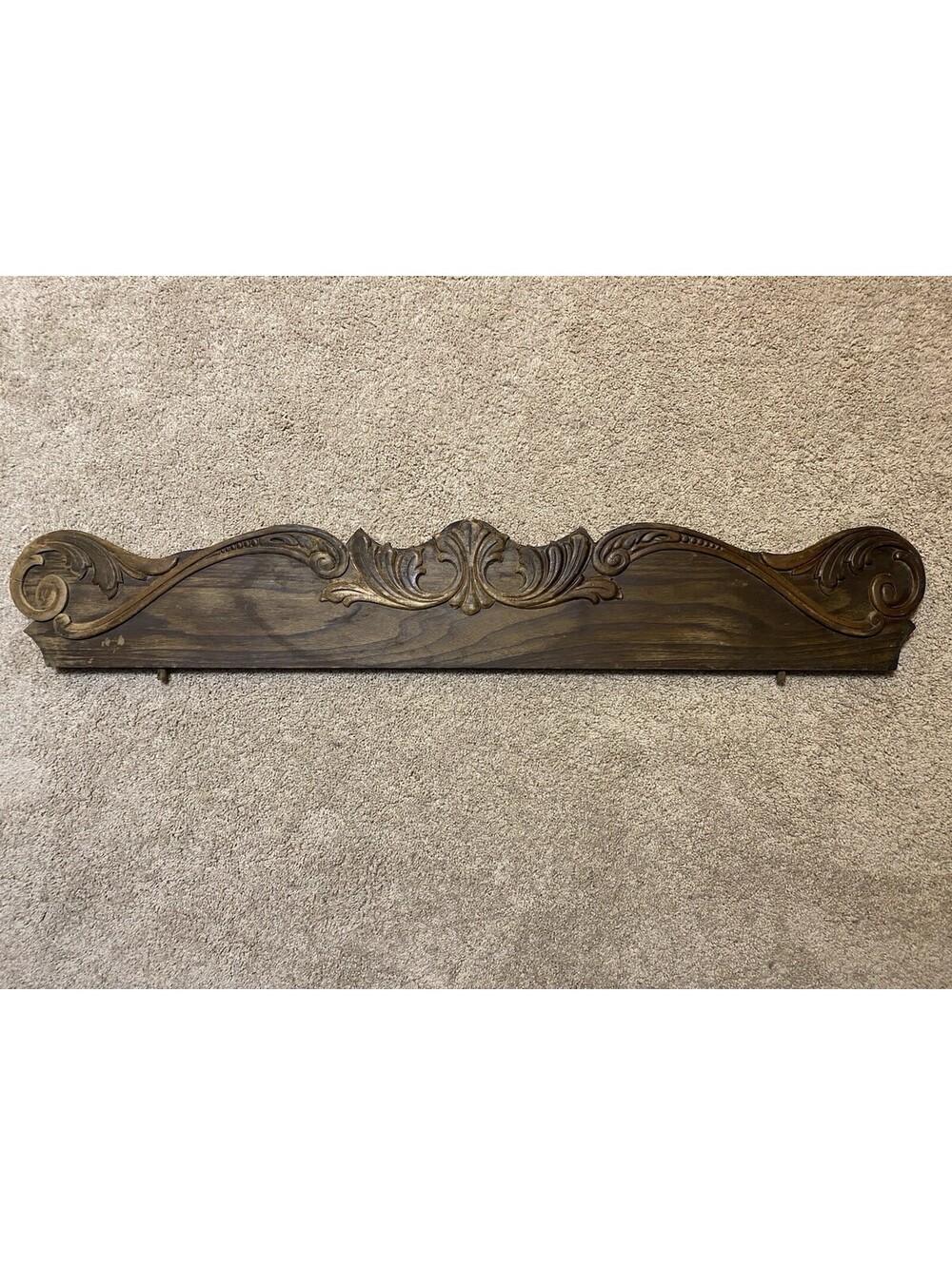 Antique Carved Oak Wood 42" Pediment Board w/ 2 Base Pegs